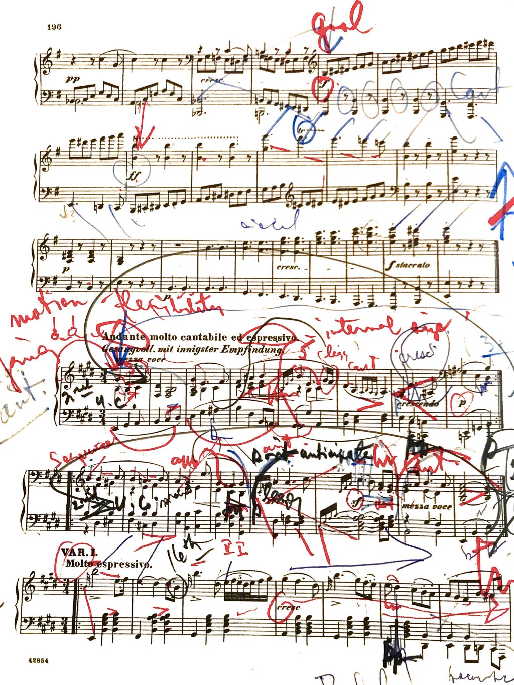 A page of music manuscript, Debussy prelude, with instructional markings in various colors, by Harold Zabrack.