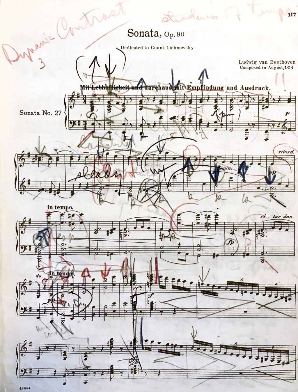 A page of music manuscript (Beethoven Sonata Opus 90) with instructional markings in various colors, by Harold Zabrack.