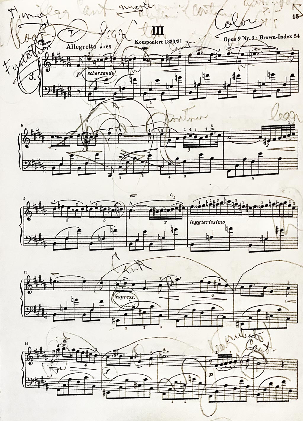 A page of music manuscript (Chopin Nocturne Opus 90 Number 3) with instructional markings in various colors, by Harold Zabrack.