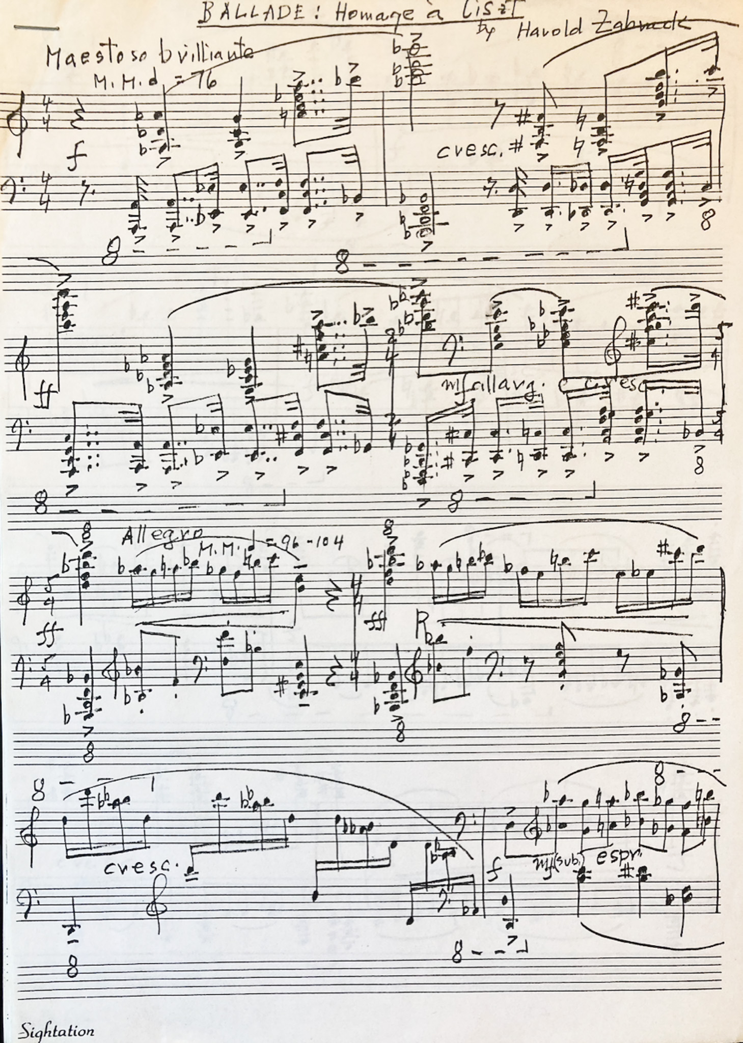 A page of handwritten music manuscript: Hommage à Prokefiev by Harold Zabrack.