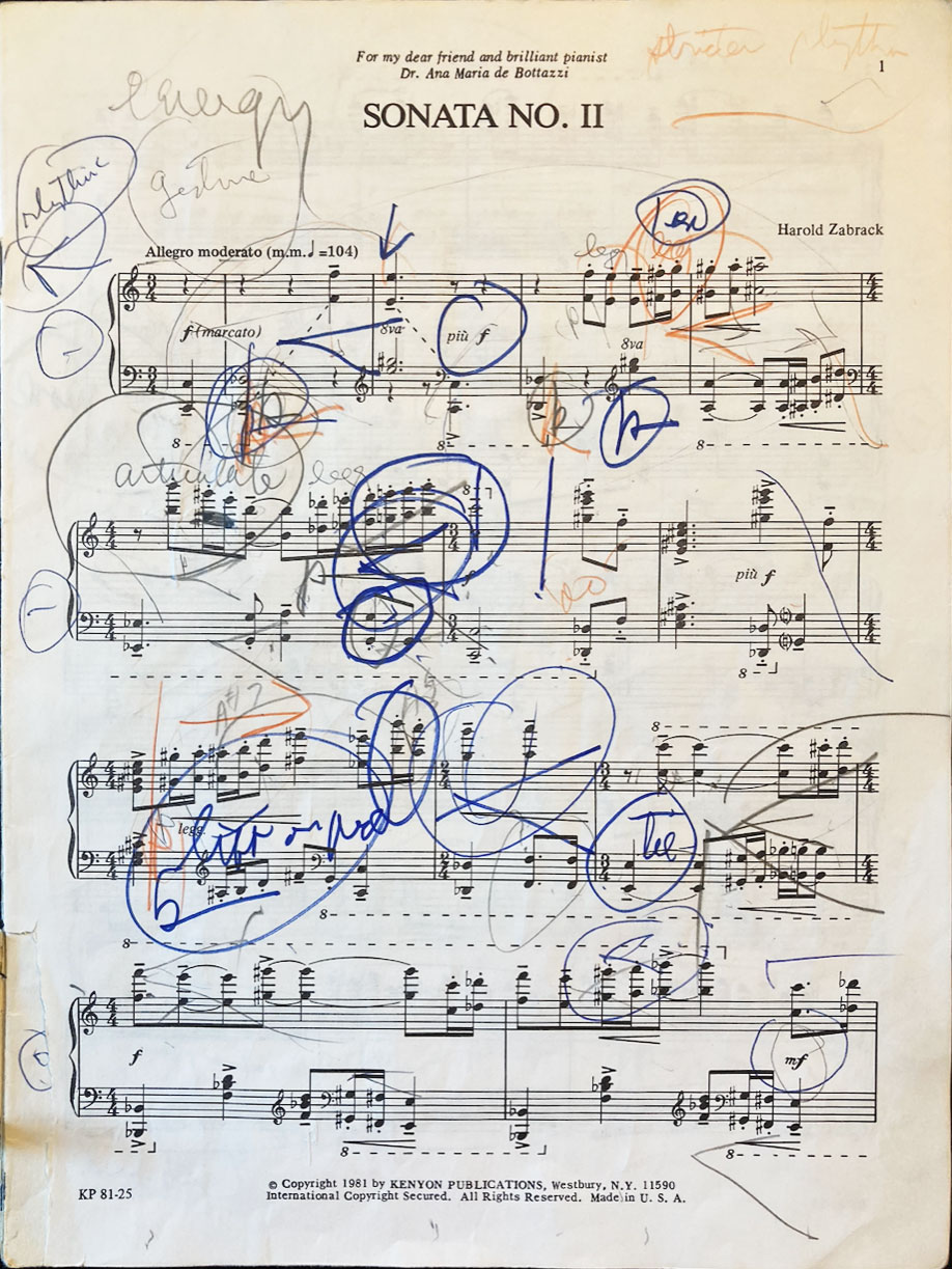 A page of music manuscript, Sonata No II by Harold Zabrack, with instructional markings in various colors.