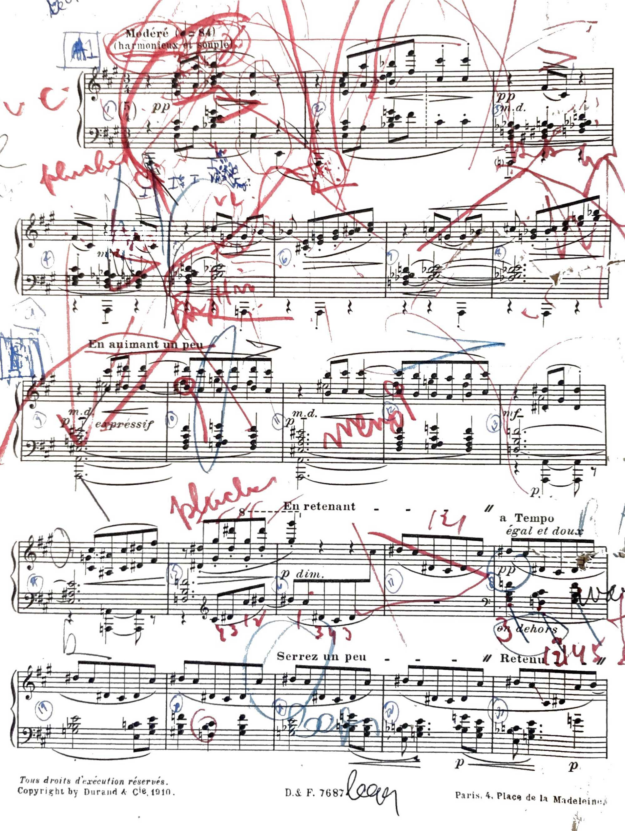 A page of music manuscript, a Chopin prelude, with instructional markings in various colors by Harold Zabrack.