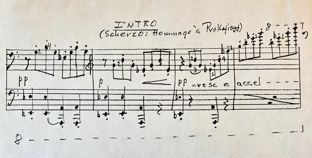 A few measures of handwritten music manuscript titled 'Intro: Scherzo Hommage a Prokofiev'